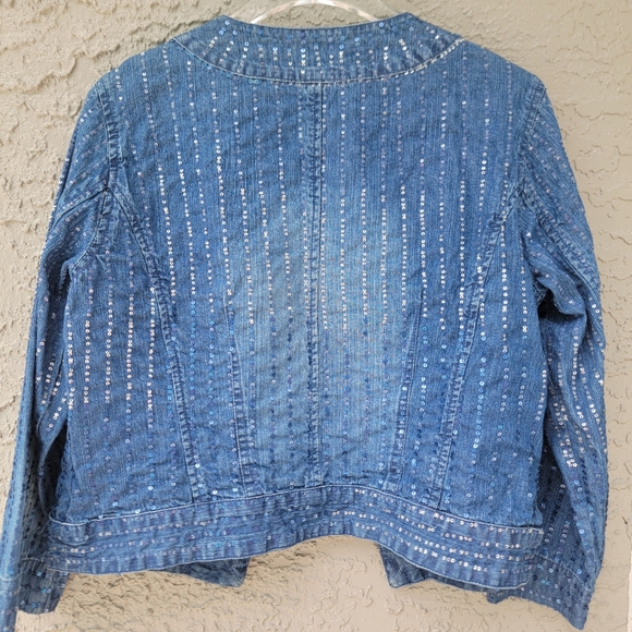 Chico's 100%cotton all sequins open front blue jean jacket size 1 Medium - Picture 12 of 16